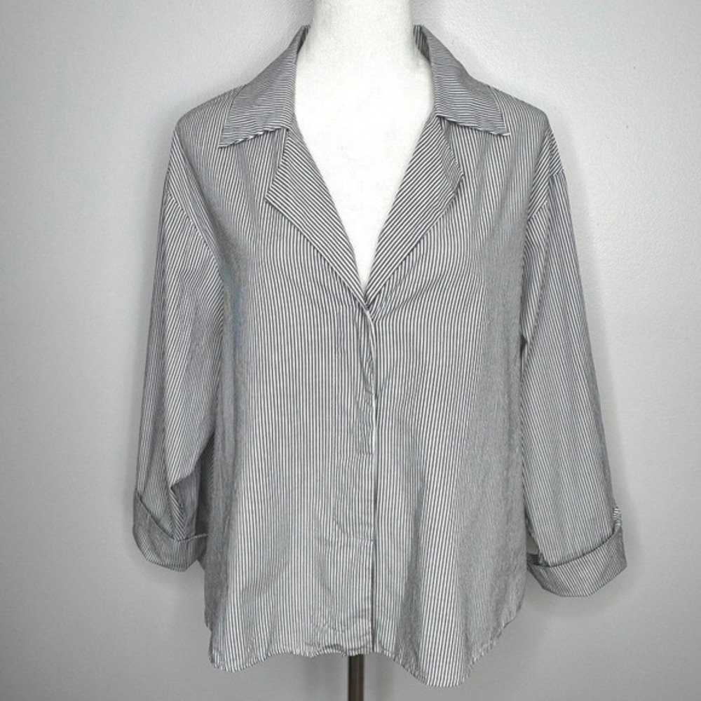 Planet by Lauren G Button Front Shirt Size‎ Large Striped Cotton Boxy Lagenlook